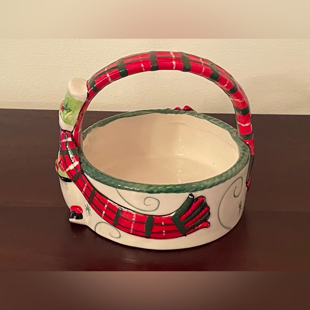 BNIB Fitz and Floyd Holly Hat Snowman Ceramic Basket 2013 Christmas Candy Dish - Picture 2 of 10